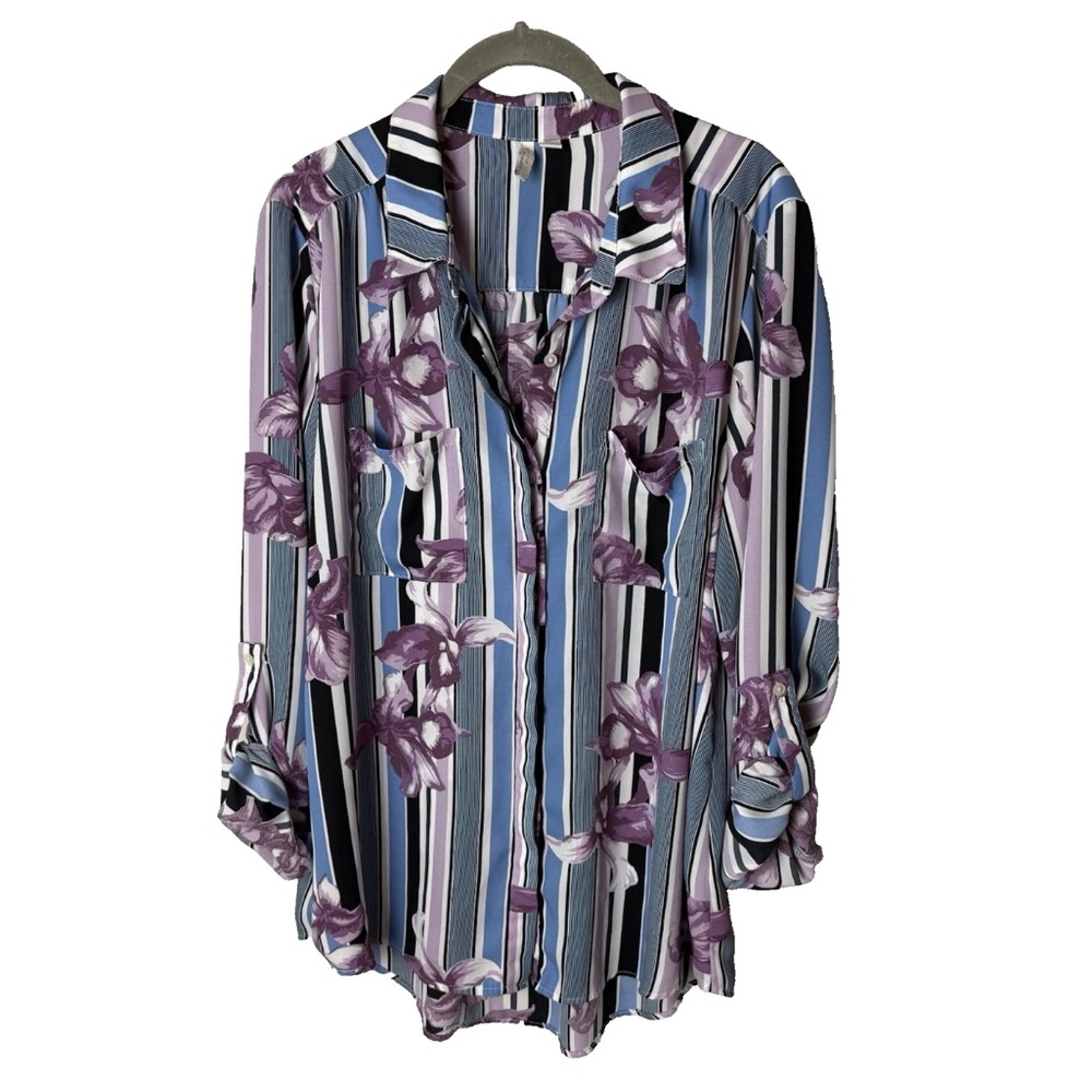 CATO Est. 1946 Blouse Size Large Top 3/4 Roll-Tab Sleeves Stripes Floral Blue